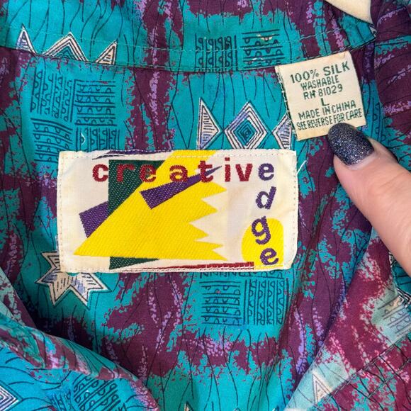 Creative Edge South Western Print Silk Button Up Blouse Size Large Short Sleeve - Picture 7 of 8